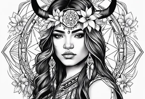 Native american girl, Taurus, flowers, dream catcher tattoo idea