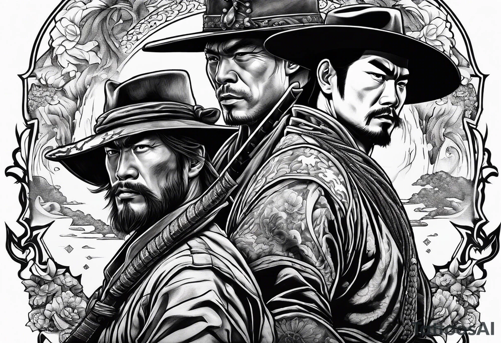an American cowboy and a japanese samurai fighting each other in battle tattoo idea