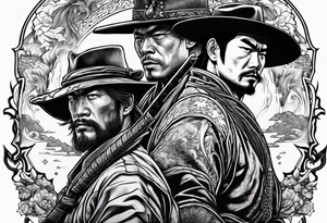 an American cowboy and a japanese samurai fighting each other in battle tattoo idea