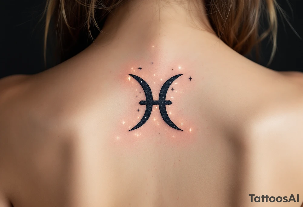 A bold black Pisces sign sits under a glowing gradient of starlight forming the constellation in icy shades. tattoo idea