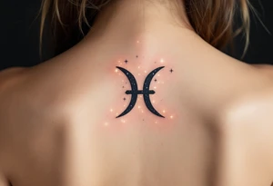 A bold black Pisces sign sits under a glowing gradient of starlight forming the constellation in icy shades. tattoo idea
