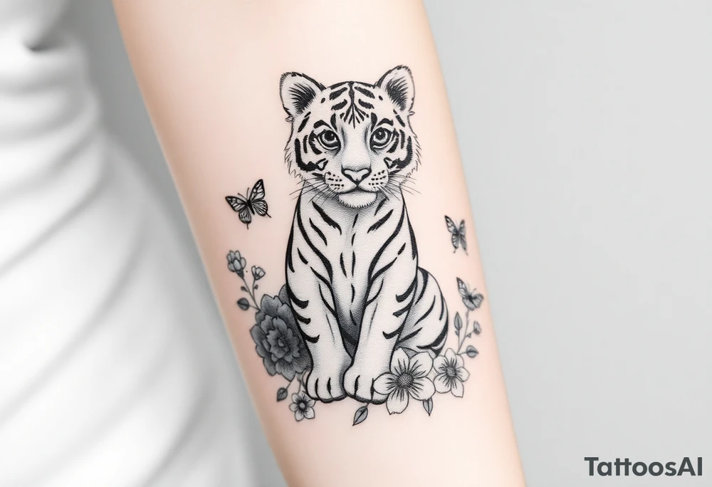 Tiger cub sitting down with flowers and butteflies tattoo idea