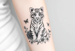 Tiger cub sitting down with flowers and butteflies tattoo idea