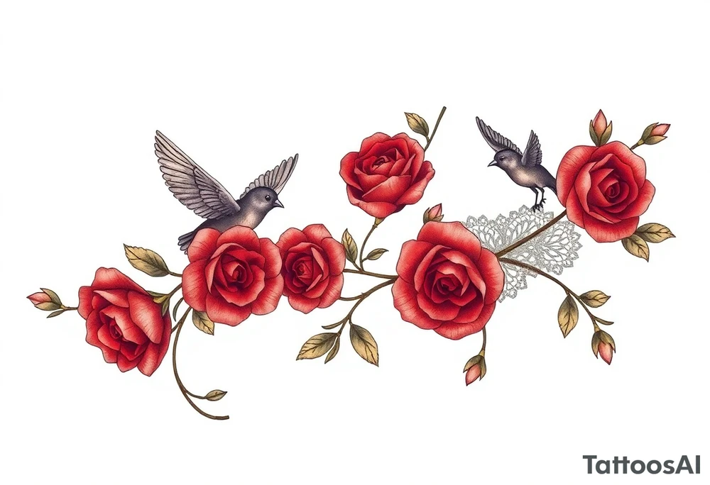 Vintage dollies, red roses, lace, red bird, no people, vintage tattoo idea