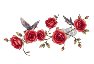 Vintage dollies, red roses, lace, red bird, no people, vintage tattoo idea