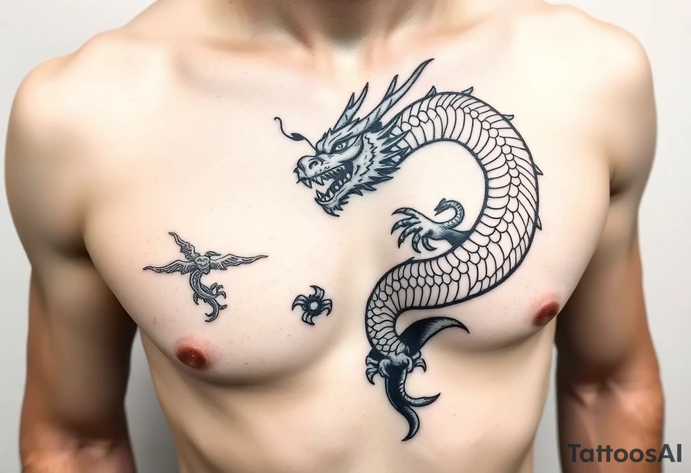 dragon on right chest wrapping over shoulder with naga in telugu tattoo idea