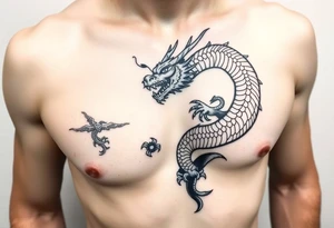 dragon on right chest wrapping over shoulder with naga in telugu tattoo idea