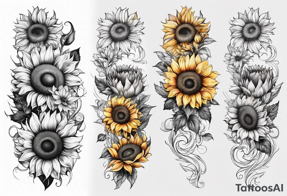 Sunflowers and angel wings leg sleeve tattoo idea