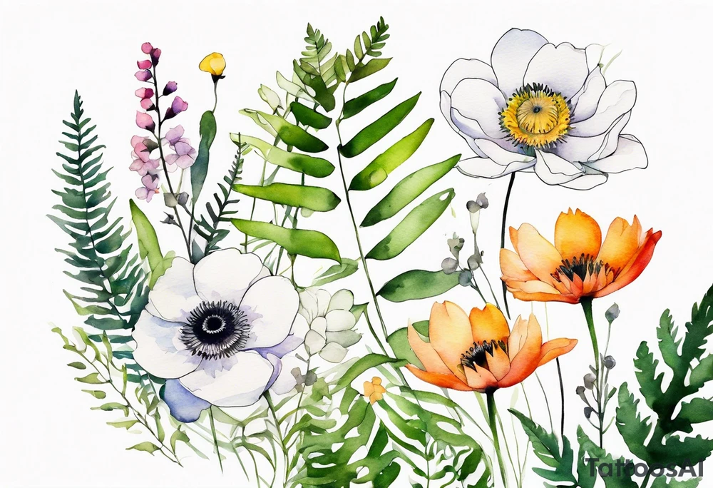 Minimalist Multicolored wild flowers with ferns and white anemone all watercolor tattoo idea