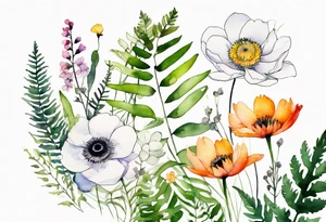 Minimalist Multicolored wild flowers with ferns and white anemone all watercolor tattoo idea