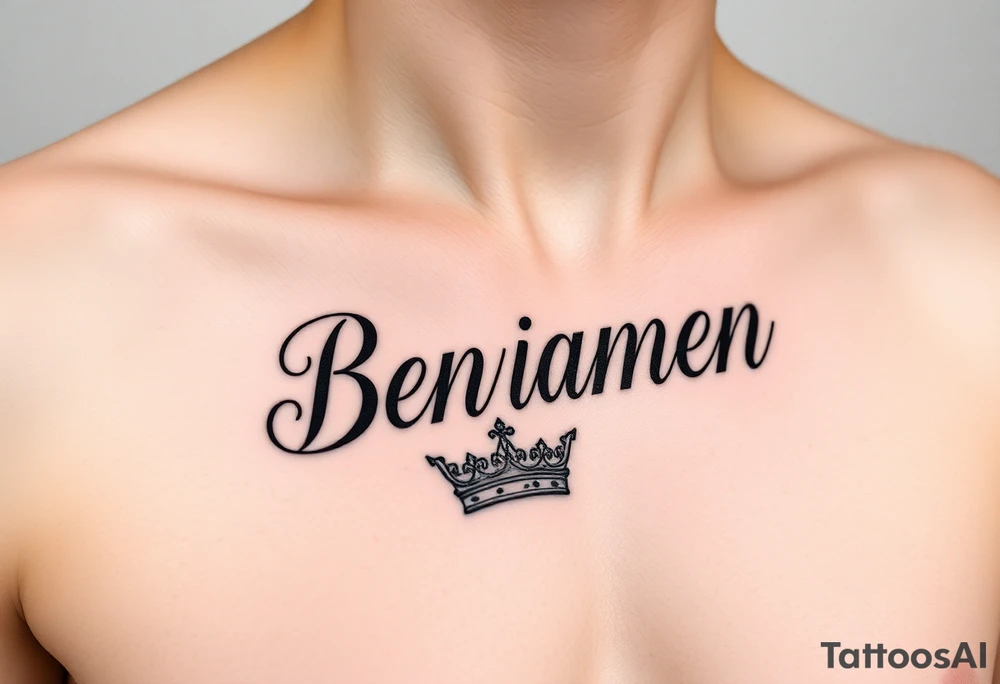 The name Benjamin with a kings crown at the front, on the left side of a women’s chest in cursive tattoo idea