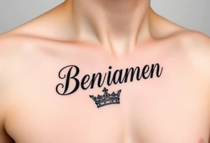 The name Benjamin with a kings crown at the front, on the left side of a women’s chest in cursive tattoo idea