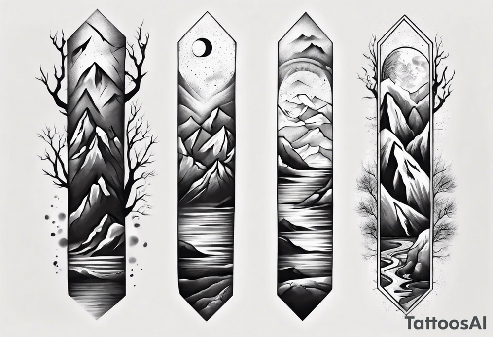 men’s arm sleeve mountains branches tattoo idea