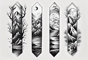 men’s arm sleeve mountains branches tattoo idea