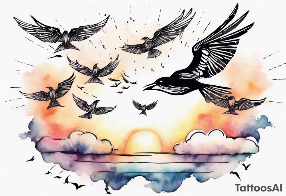 a shoulder tattoo with lots of rays of light in gradient starting from the middle
, clouds and birds flying free tattoo idea