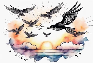 a shoulder tattoo with lots of rays of light in gradient starting from the middle
, clouds and birds flying free tattoo idea