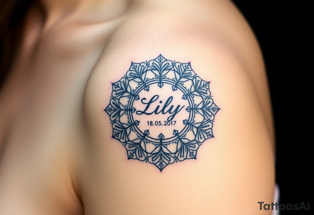 A mandala-inspired clock design, with intricate patterns forming around the child’s name "Lily" and date "18. 05. 2017", in black and gold for a timeless look tattoo idea