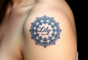 A mandala-inspired clock design, with intricate patterns forming around the child’s name "Lily" and date "18. 05. 2017", in black and gold for a timeless look tattoo idea