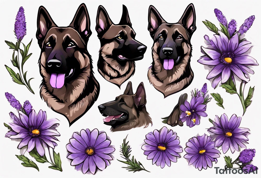 Dark brown German shepherd with purple daisies tattoo idea