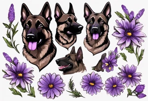 Dark brown German shepherd with purple daisies tattoo idea