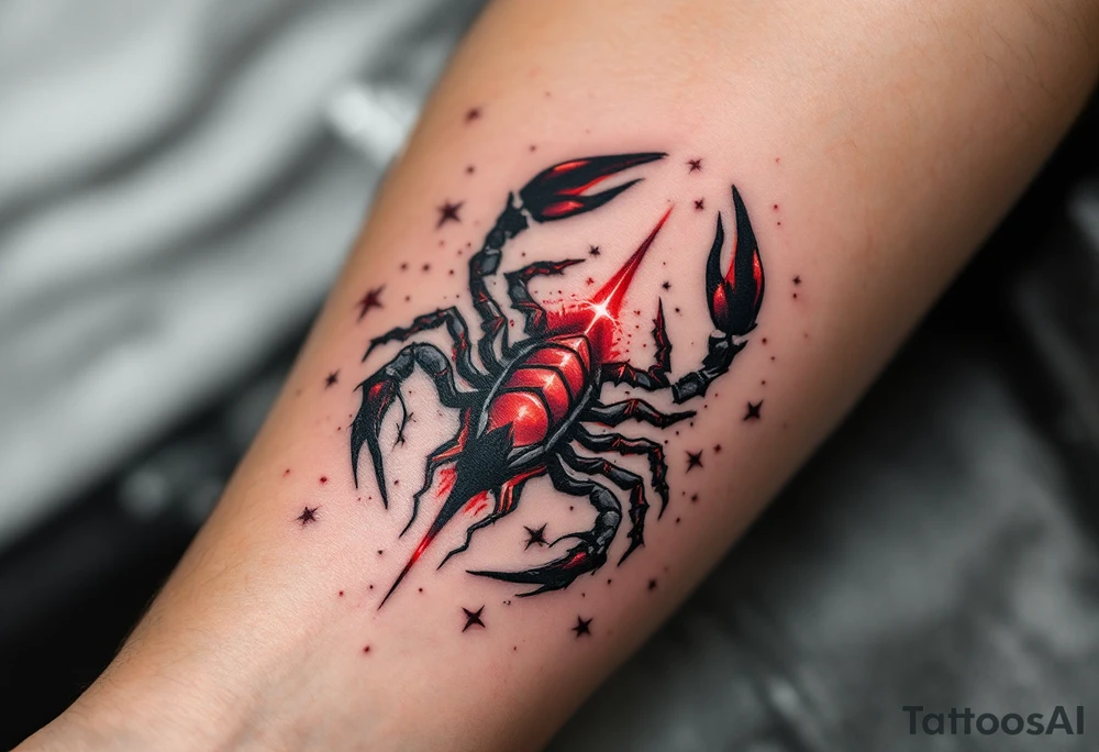 Antares blazes in blood-red defiance as Scorpius astrology symbol rises, coiled in cosmic mystery towards its star constellation tattoo idea