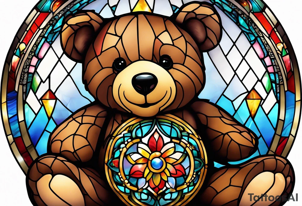 Teddy bear with gift box stained glass tattoo idea