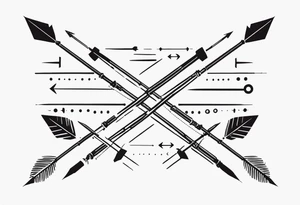 three basic parallel arrows. the first arrow broken near the flight. the second middle arrow in tact. the third arrow broken near the head. including the morse code for JAK in the design. tattoo idea