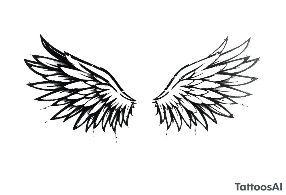 the wings go up

This tattoo design features a pair symmetrical angel wings drawn in black ink with a rough, sketch-like style. The left wing is darker, more defined, and appears denser, while the right wing is lighter, more delicate, and fragmented, creating a contrast between the two. The feathers are sharp and irregular, with fine lines and stray strokes extending outward, adding a raw and artistic feel. The overall look is dynamic and slightly chaotic, giving the impression of movement or an unfinished, ethereal form. This design symbolizes duality, freedom, transformation, or even struggle, making it a meaningful and visually striking tattoo. tattoo idea
