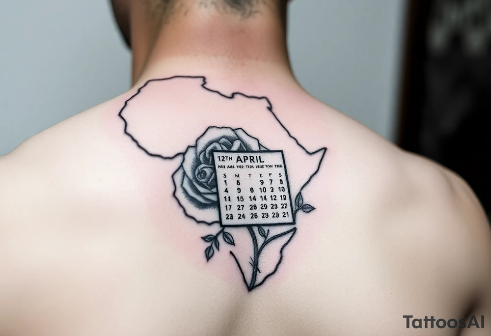 African outline with a calendar showing 12th April with a realistic rose tattoo idea