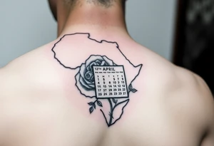 African outline with a calendar showing 12th April with a realistic rose tattoo idea