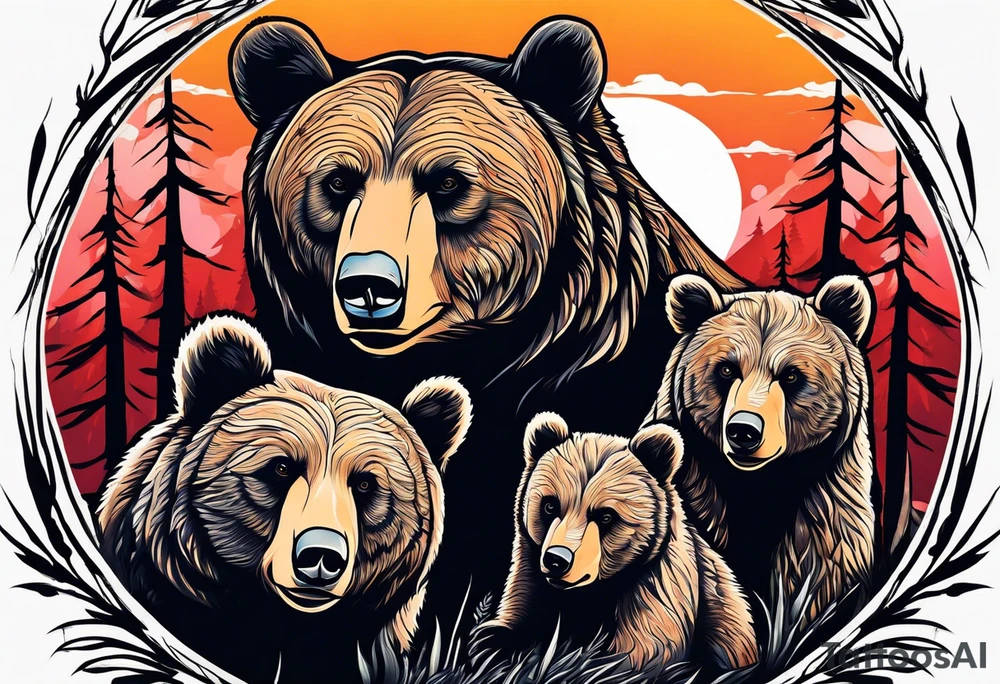 momma bear with 3 cubs tattoo idea