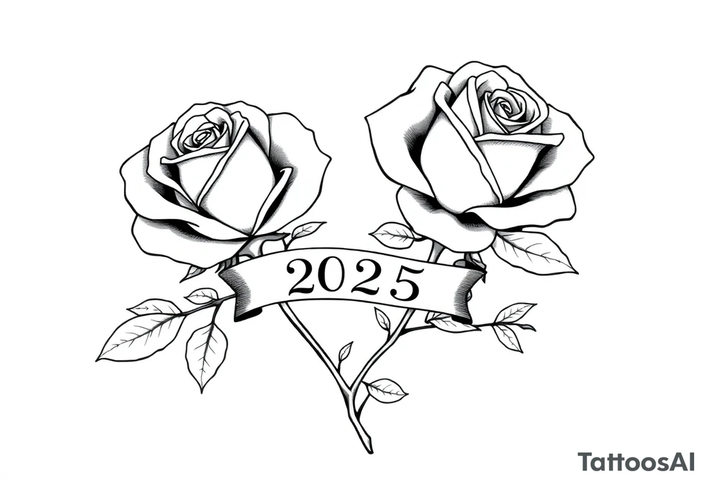 two beautiful large rose buds, one larger than the other, with many leaves next to the rose buds, with one sitting higher than the other. Include a banner connecting the two roses with the year "2025" on it.   Use dark outlines with little shading. The two stems should be short, not long, and connect and join into one stem, whimsically curved or twisted - not straight down. tattoo idea