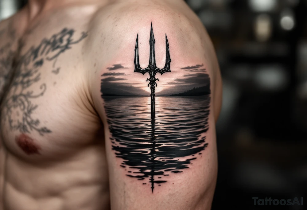 trident half way under calm water at sunset tattoo idea