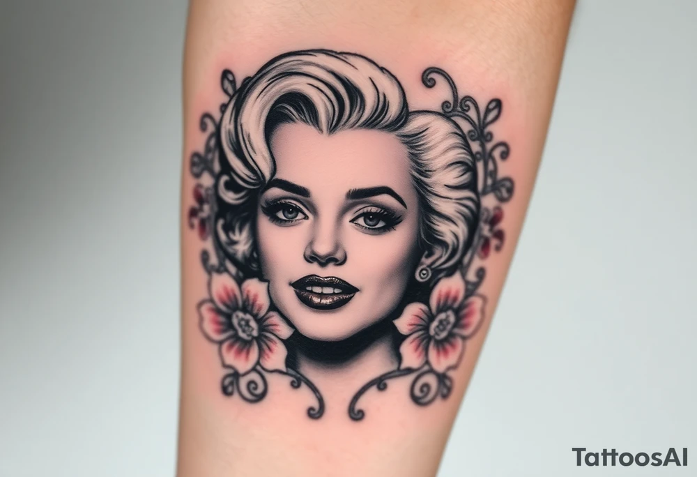 A romantic Marilyn Monroe portrait in soft grayscale, framed by delicate pink peonies and silver filigree. tattoo idea