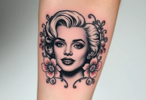 A romantic Marilyn Monroe portrait in soft grayscale, framed by delicate pink peonies and silver filigree. tattoo idea