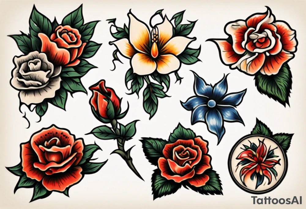 Three American traditional flowers tattoo idea