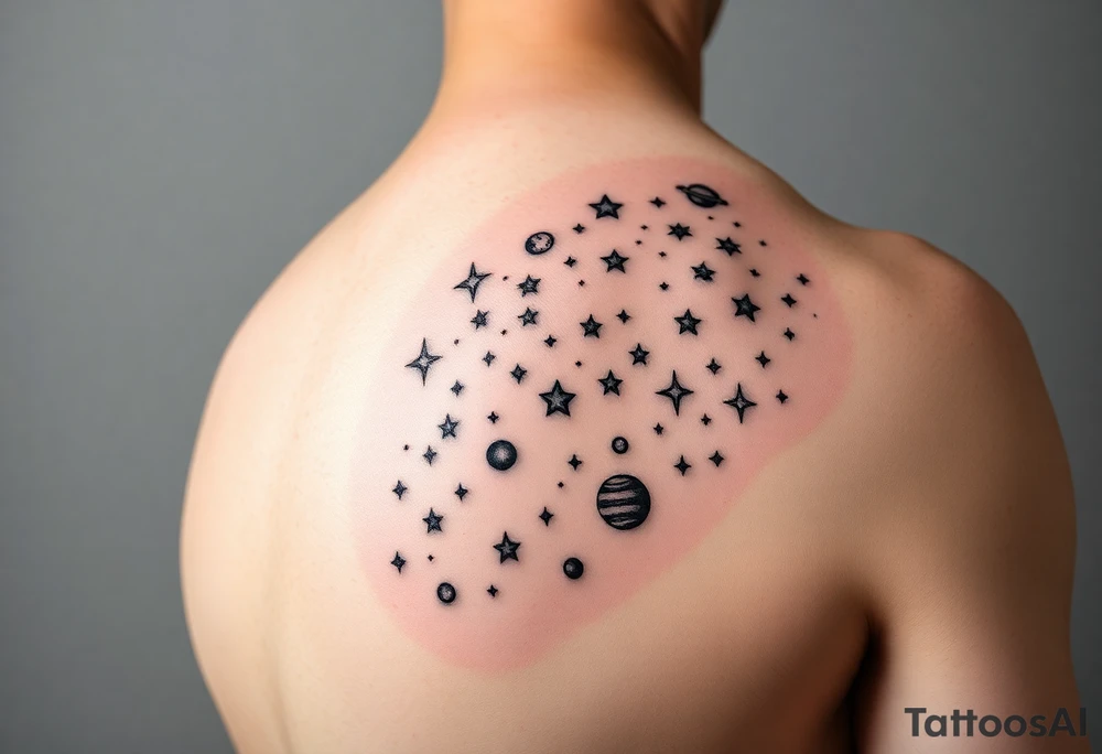 Give me a nighttime constellation tattoo with 10 different variances of stars of 40 stars, and additional cosmo items e.g. planets, etc.

It should fit on the left shoulder blade about 10 inches across and 6 high tattoo idea