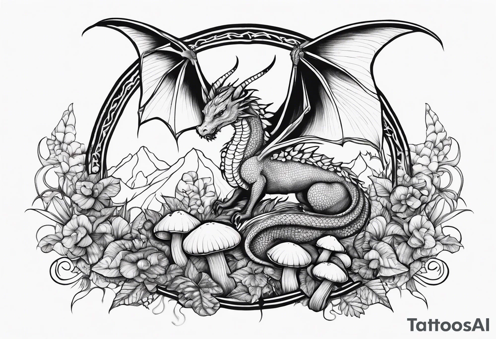 Mother dragon wings spread field of mushrooms tattoo idea