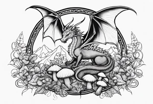 Mother dragon wings spread field of mushrooms tattoo idea