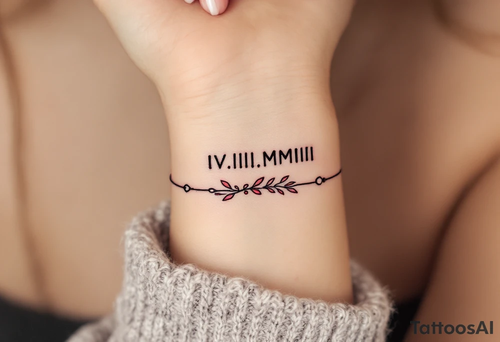 IV.III.MMIII in black and crimson ink wrapped around the wrist like a bracelet, symbolizing triplets’ birthday. tattoo idea