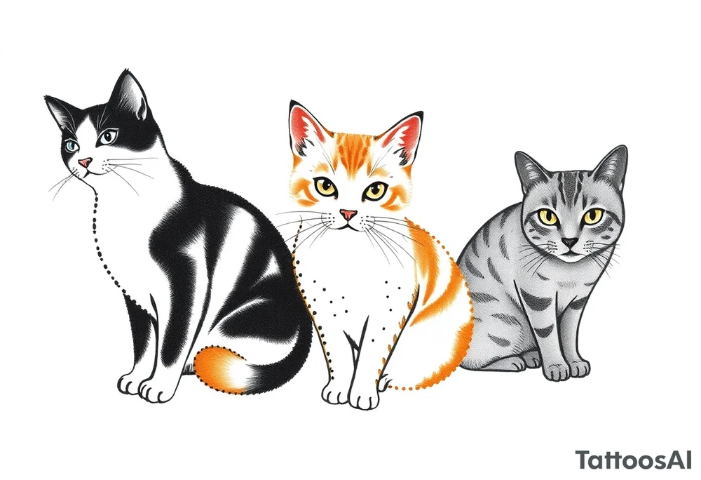 three cats, one black and white cat, one orange and white cat and one grey tabby cat tattoo idea