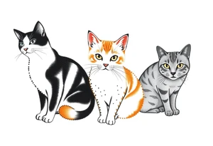 three cats, one black and white cat, one orange and white cat and one grey tabby cat tattoo idea