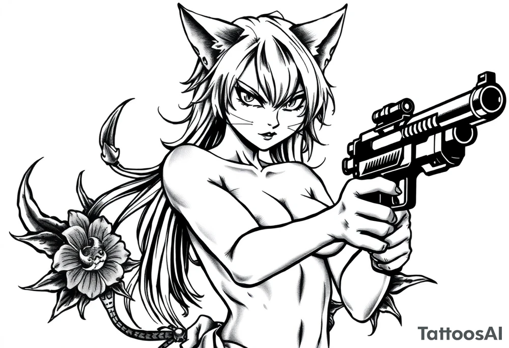 naked catgirl, slut, angry, anime, holding gun tattoo idea
