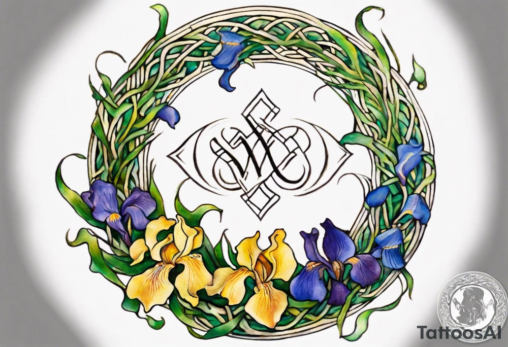 Create a small, colorful Vincent van Gogh Irises tattoo in the form of a crescent, with vines in Celtic knot style gracefully intertwining at a central point in the middle of the wreath. The intended placement is on the upper chest. The middle needs mountains. The overall design should be small in size while maintaining a delicate and artistic aesthetic. Pay attention to the graceful flow of the vines and the placement of the irises to achieve a refined and elegant look. tattoo idea