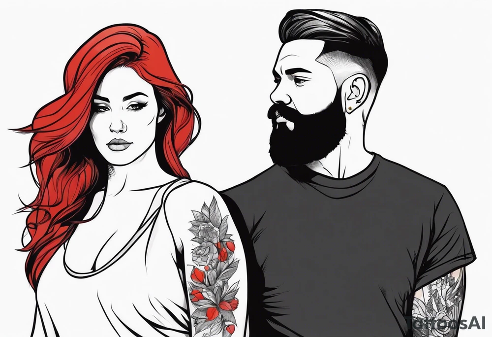 Busty Red haired woman with black haired bearded man tattoo idea