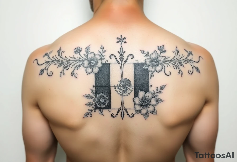 Small, feminine tattoo for placement on my clavical or lower back that reflects new life journey, delicate florals, ornaments and vines. Include Mexican flag and images of Mexican flowers. Style as four tile layout. tattoo idea