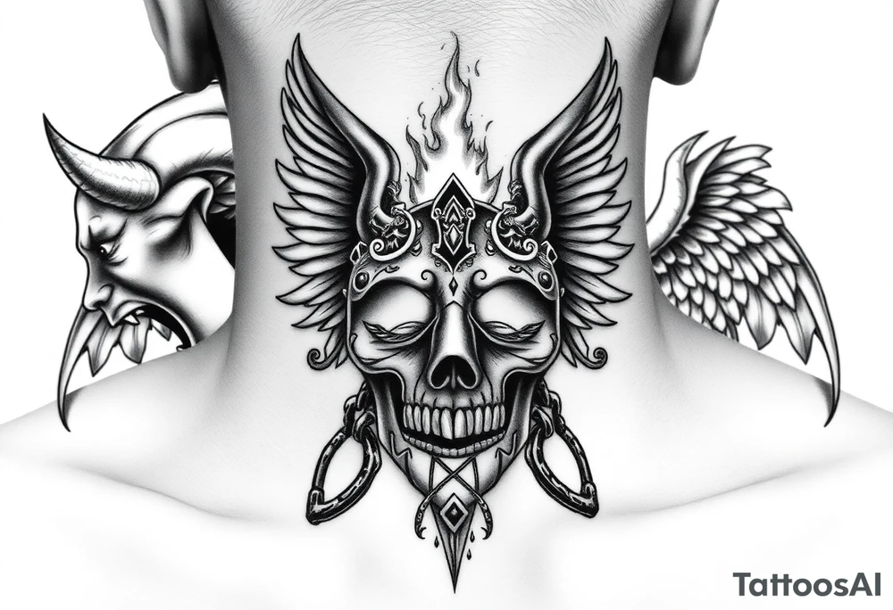 Realistic neck tattoo design. On one side, near one ear, a screaming demon facing inward. On the other side, near the other ear, a screaming angel facing the demon. Between them, in the center of the front neck, a cracked ancient mask with fire and light emerging from inside, symbolizing inner conflict and balance between good and evil. Highly detailed black and grey style, fine line shading, symmetrical, intense emotion, realistic texture. tattoo idea