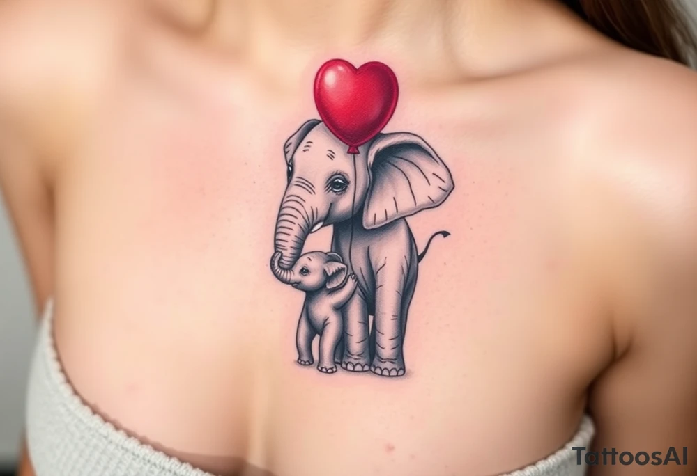 Mother elephant and a baby elephant holding a red balloon with its trunk, symbolizing childhood joy and innocence tattoo idea