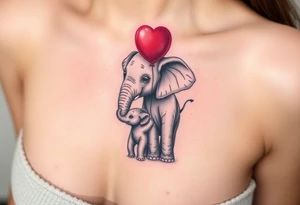 Mother elephant and a baby elephant holding a red balloon with its trunk, symbolizing childhood joy and innocence tattoo idea