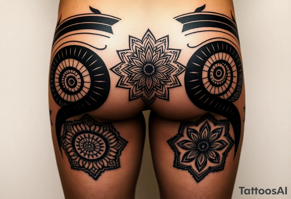 Blackwork geometric tattoo on male lower body, both thighs fully 
covered, buttocks and lower back, large central mandala on lower back 
flowing into glutes, double spiral motif on each buttock cheek, 
spiral black bands wrapping diagonally around thighs, alternating 
fill patterns per zone: dotwork floral geometry on outer thigh, 
hexagonal star patterns on inner thigh, massive black background 
areas, fine ornamental cutouts, seamless full coverage with no gaps, 
pure black ink, no grey wash, photorealistic tattoo photography, 
dark background tattoo idea